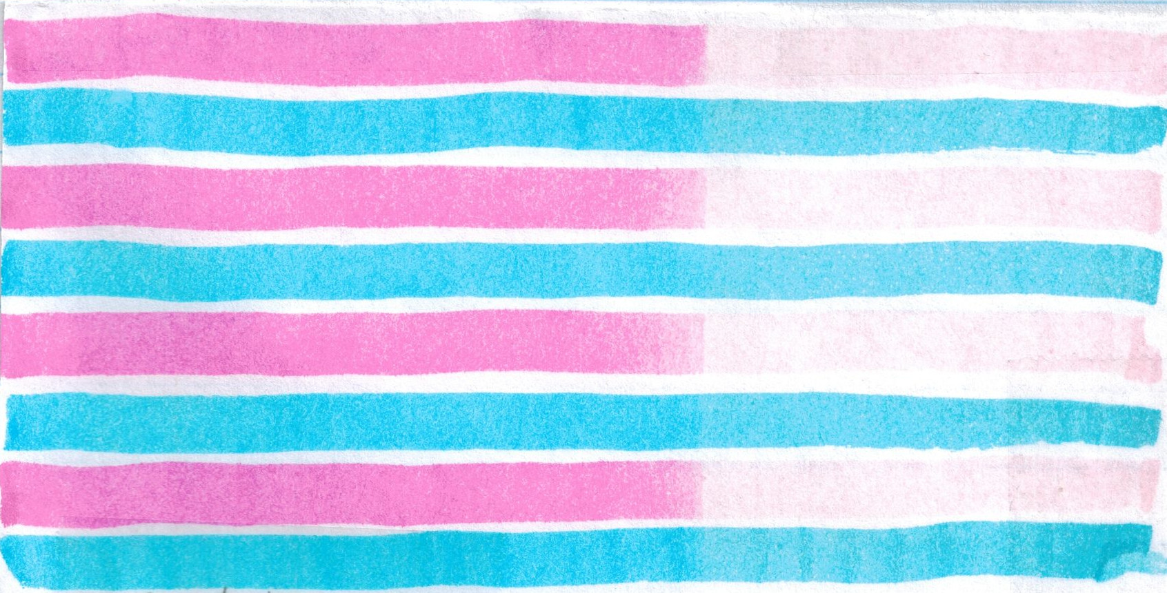 Pink and blue Sharpie highlighter on paper after exposing the right side with sunshine in Longmont, Colorado on August 9, 2020 for 2 hours, 33 minutes